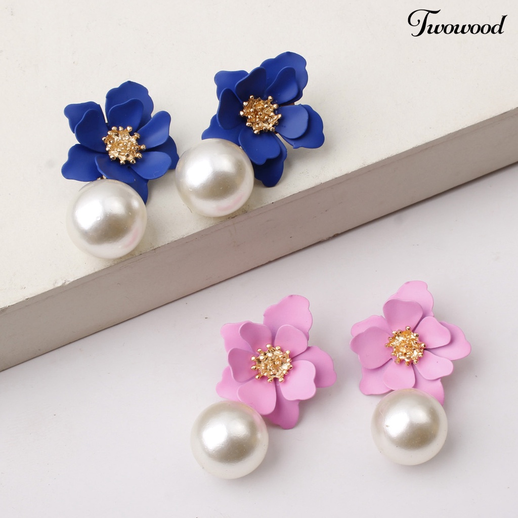 Twowood 1 Pair Big Flower Pendant Faux Pearl Women Earrings Alloy Piercing Sweet Drop Earrings Jewelry Accessory