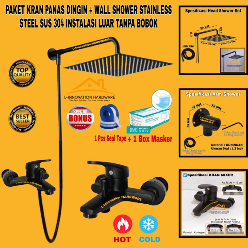 Paket Kran Air Panas Dingin Keran Mixer Kuningan Set Head Wall Shower Mandi Tembok Tiang Shower Stai