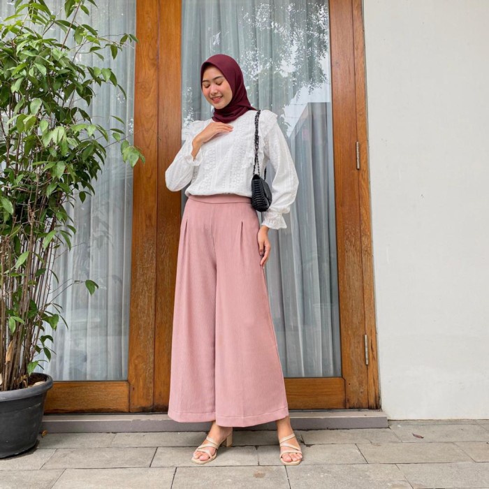 Promo Hana Kulot | Kulot Wanita Panjang Bahan Pleats Knit | Dosti - Softpink Keren