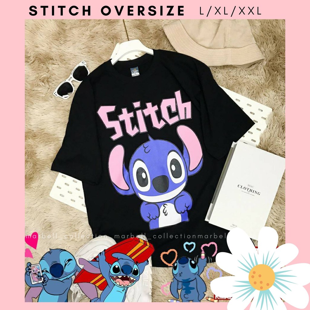 STITCH HITAM PUTIH PINK MUSTARD OVERSIZE | KAOS WANITA KATUN TSHIRT TUMBLR TEE BERSHKA DISNEY