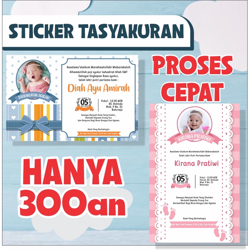 

CETAK STICKER UNDANGAN TASYAKURAN AQIQAH KELAHIRAN PUPUT PUSAR BAYI CUSTOM DESIGN PROSES CEPAT TERMURAH