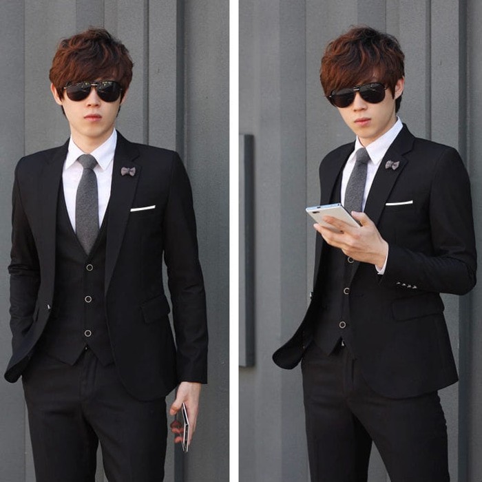 SETELAN LENGKAP 5IN1 JAS PRIA KOREAN STYLE + CELANA + VEST + KEMEJA &amp; DASI - HITAM ELEGANT EXCLUSIVE