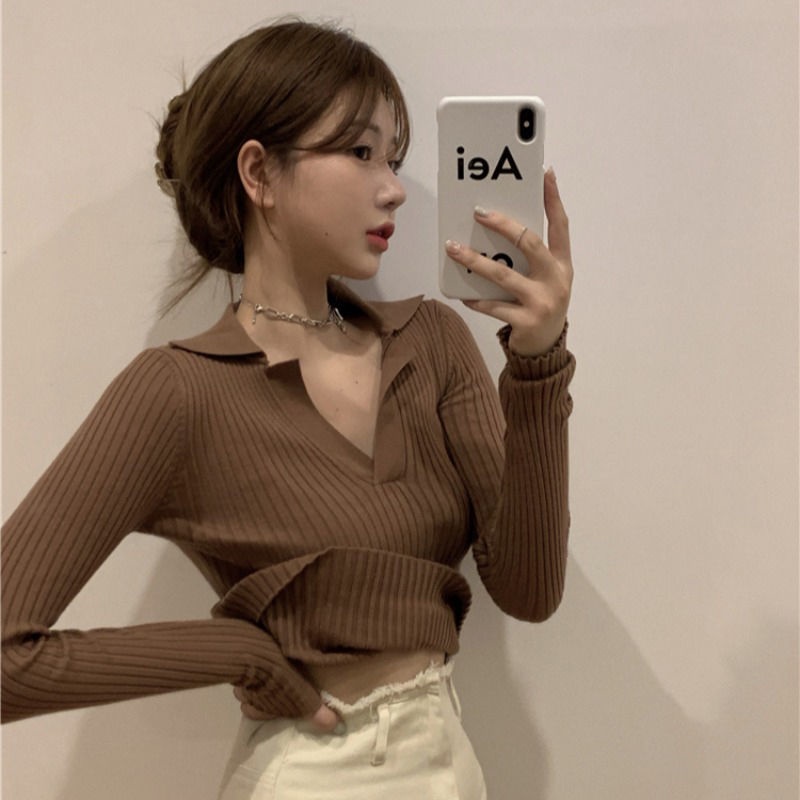 Suhao Lengan Panjang Slip Knitwear Wanita Musim Gugur Baru Slim Pendek Turtleneck Polo T-Shirt Atasan Dalam