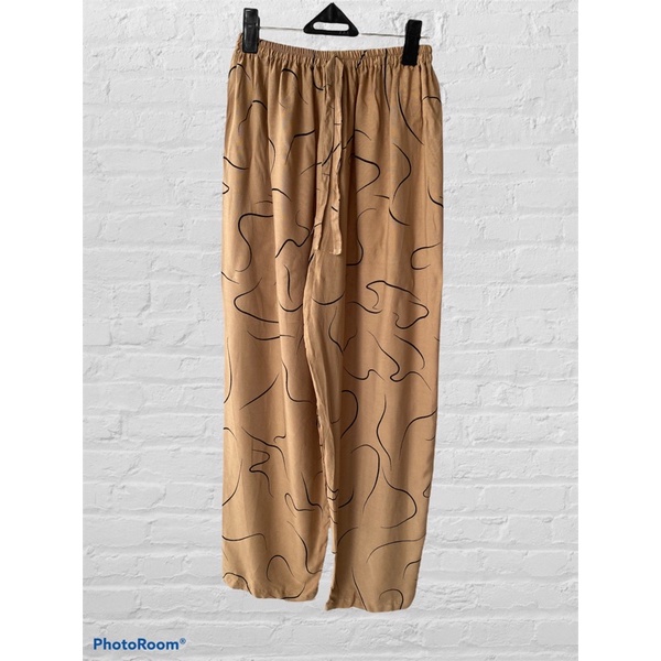 CELANA KULOT PANJANG WANITA TALI POLOS & MOTIF A031-Coklat moka garis