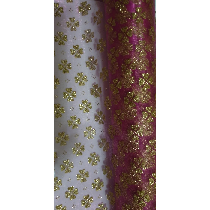

Kain Kaca Organdi Motif Souvenir Craft Gliter Bunga Gold Merah 095