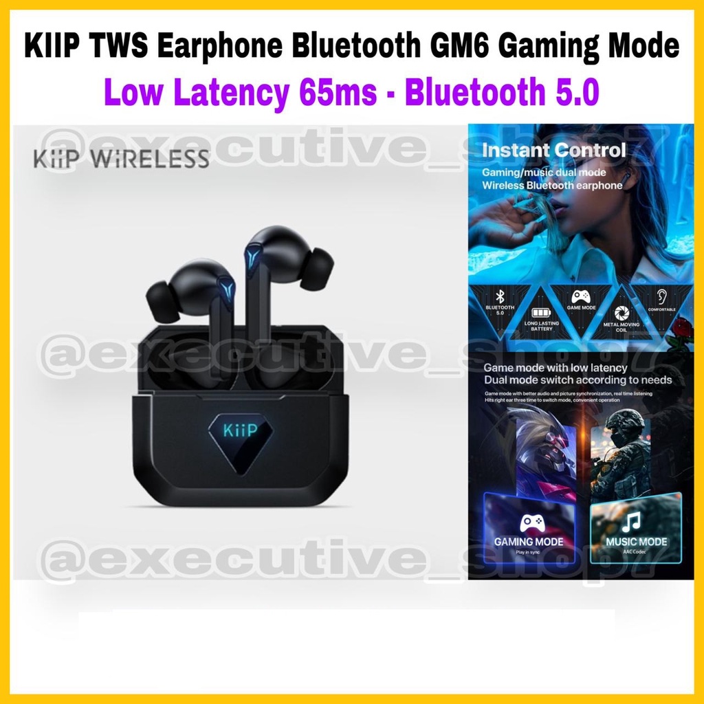 KIIP TWS Earphone Bluetooth GM6 Gaming Mode - Low Latency 65ms - Bluetooth 5.0 - Garansi Resmi 1 Tahun