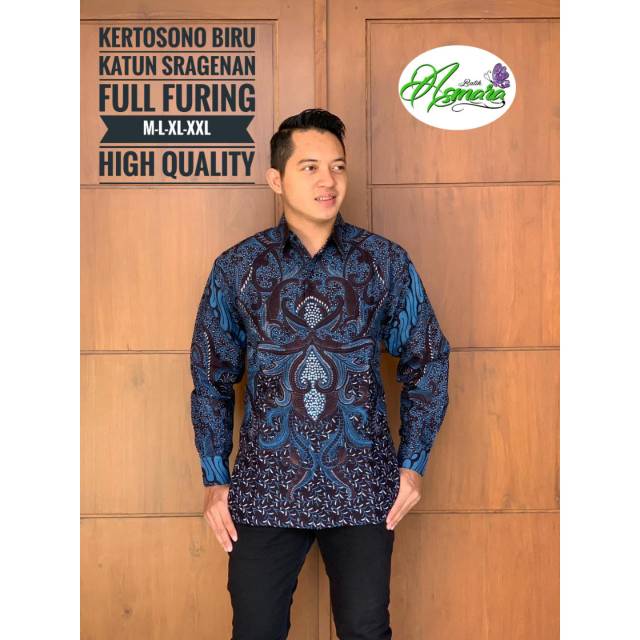 Kemeja Batik Pria Lengan Panjang Warna Biru Kertosono biru Bahan katun sragenan halus full furing