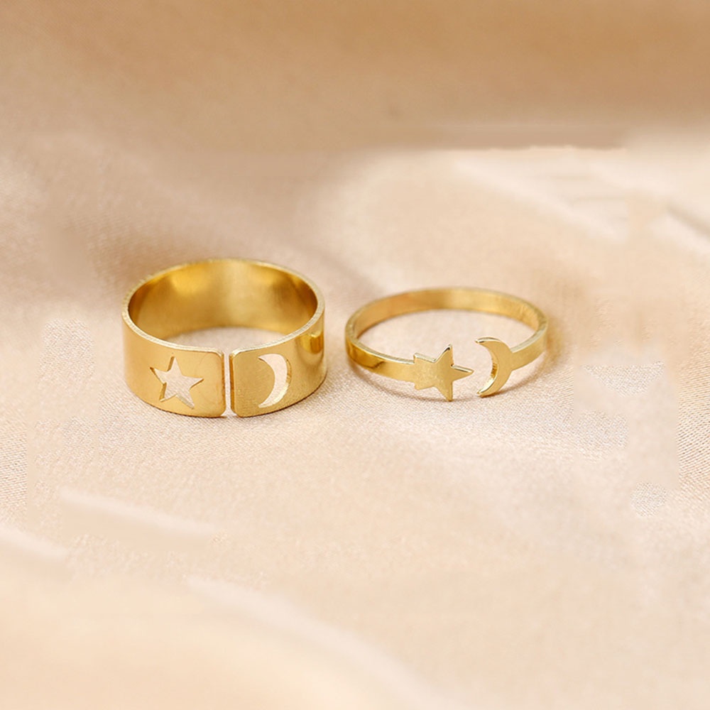 2pcs / Set Cincin Model Terbuka Bahan Metal Desain Geometri / Bulan / Bintang Warna Gold / Silver Untuk Wanita