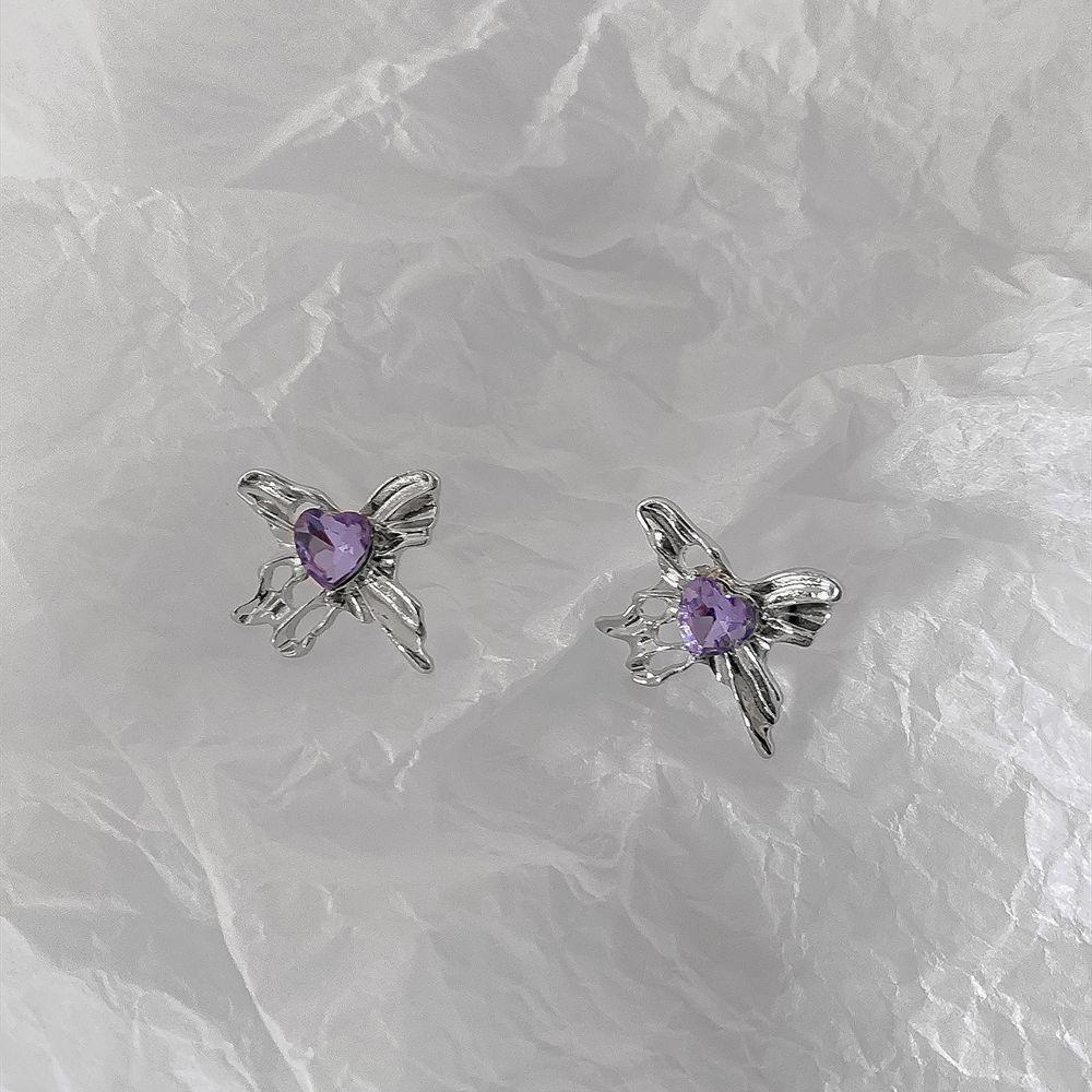 Mxbeauty Anting Wanita Fashion Tidak Teratur Telinga Perhiasan Hadiah Ungu Busur Zirkon Gaya Korea Earrings