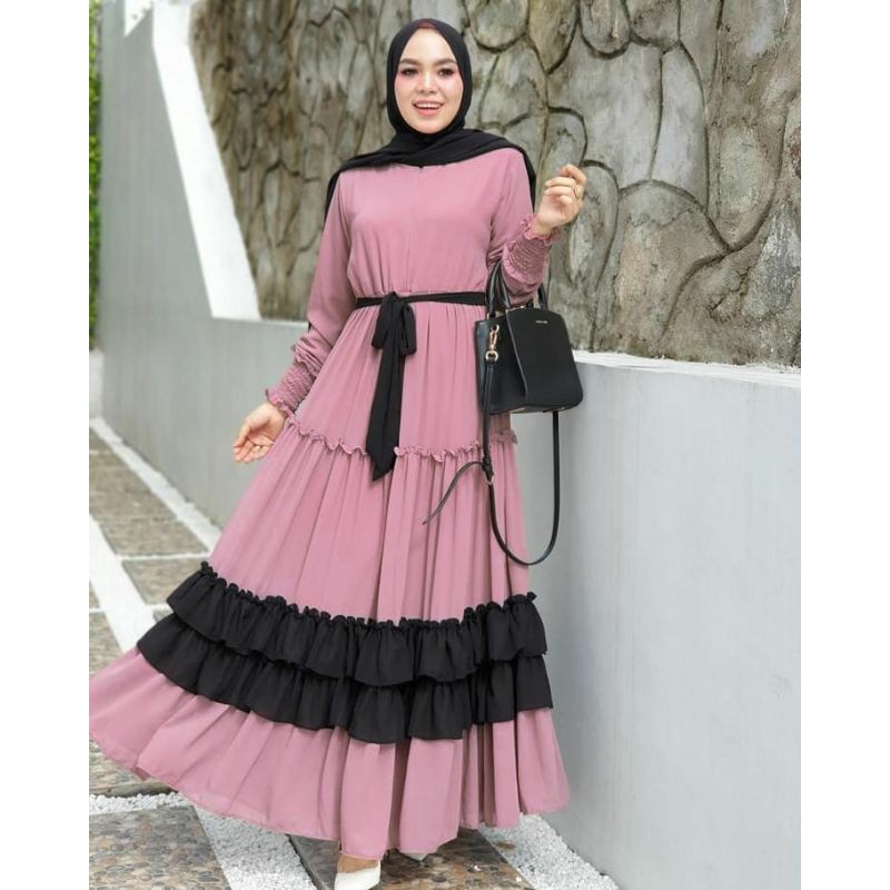 MARIA COLLECTION Rayola Long Dress - Gamis Muslim Remaja Dewasa Busui Style Elegan Bahan Jersey Lemonskin All Size-pink