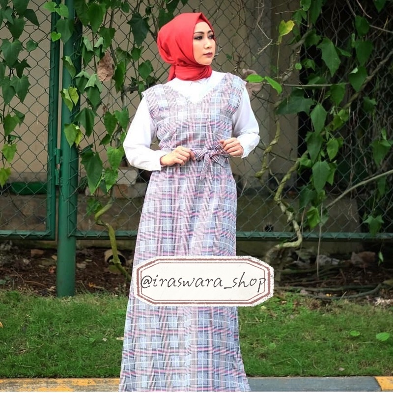Felicia_you can + inner (no kerudung) LONG DRESS WANITA MAXI PANJANG ROMPI HIJAB GARIS KOTAK