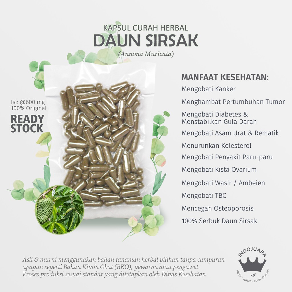 

DAUN SIRSAK 100 Kapsul Curah Herbal Kista Anti Aging Bisul Eksim Haid Kanker Tumor Diabetes 600mg