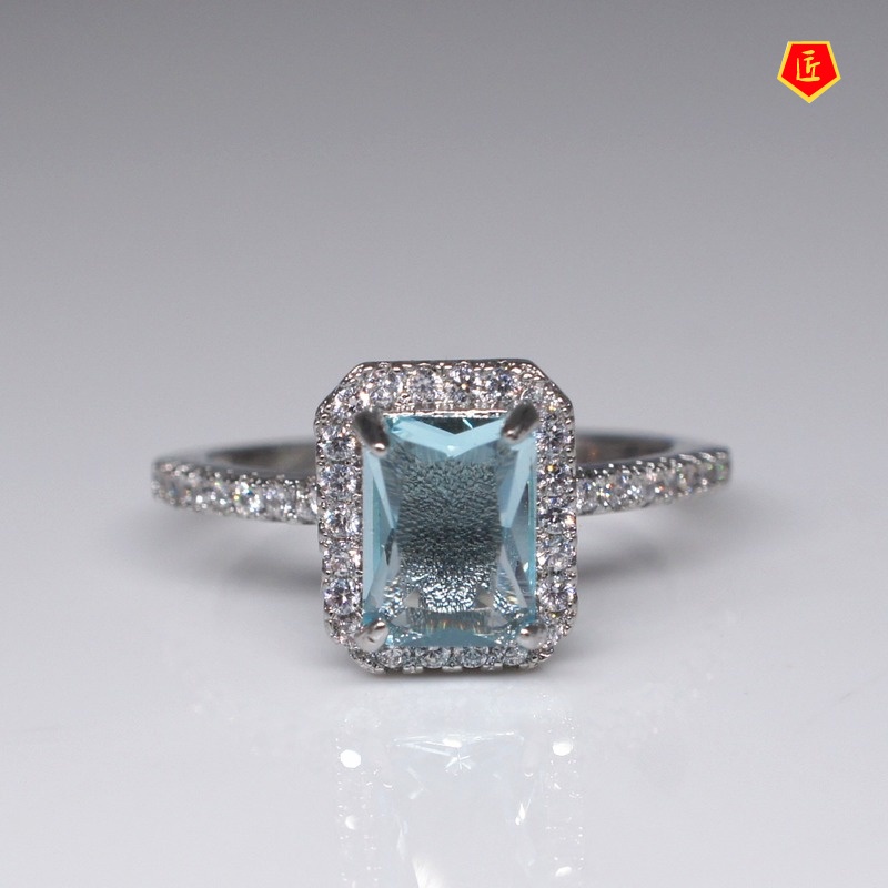 [Ready Stock]Simple Personality Topaz Square Blue Diamond Ring