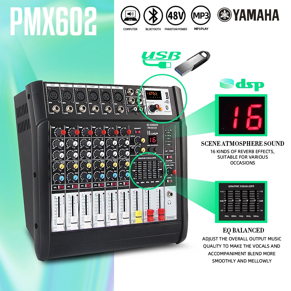 PMX602D/PMX602S Pengaduk Audio Profesional 6 saluran mixer Penguat bawaan 450 watt 2 saluran Mendukung pemutaran Bluetooth/UBB/PC/MP3 Mikrofon nirkabel UHF 2 mikrofon genggam Peralatan bernyanyi KTV pertunjukan luar ruangan
