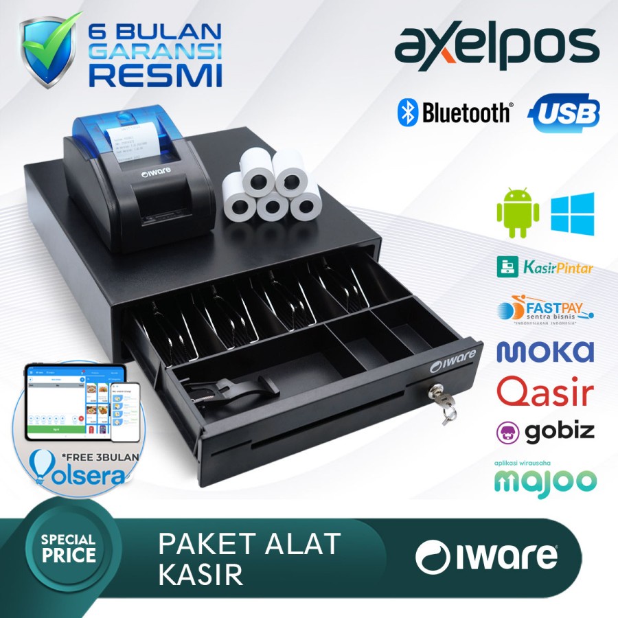 PAKET ALAT KASIR ANDROID PRINTER BLUETOOTH - CASH DRAWER 4 SLOT - FREE KERTAS THERMAL 5 ROLL