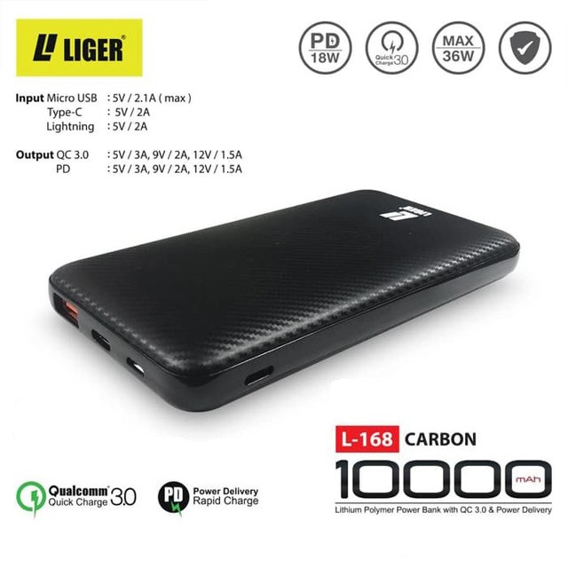 Power Bank L-168 LIGER ORIGINAL QUALCOM QUICK CHARGE 3.0 &amp; POWER DELIVERY PD