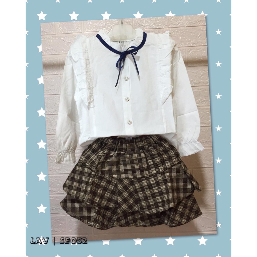 Baju setelan stelan set import atasan blose katun putih rok rempel kotak-kotak korea anak perempuan