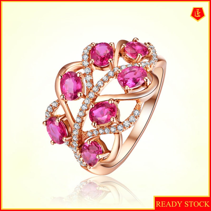 [Ready Stock]Elegant Personality Rose Gold Ruby Leaf Ring