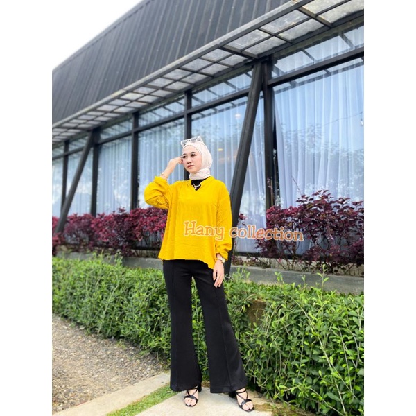 HEVA BLOUSE WANITA BAHAN RAYON CRINKLE TERBARU//SAKURA VNECK SHIRT BLOUSE OVERSIZE-Kuning