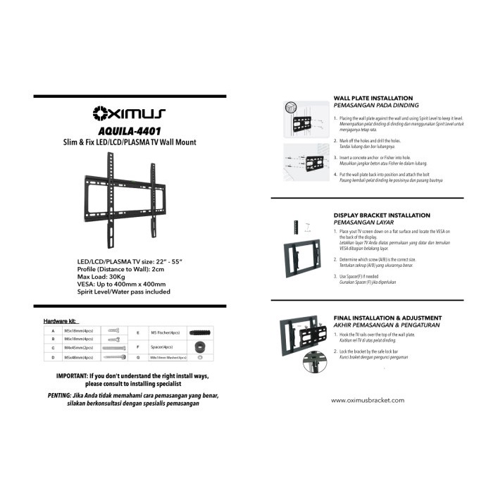 Bracket TV LED 22&quot; - 55&quot; Oximus Aquila - Slim &amp; Fixed LED / LCD / PLASMA TV Walll Mount