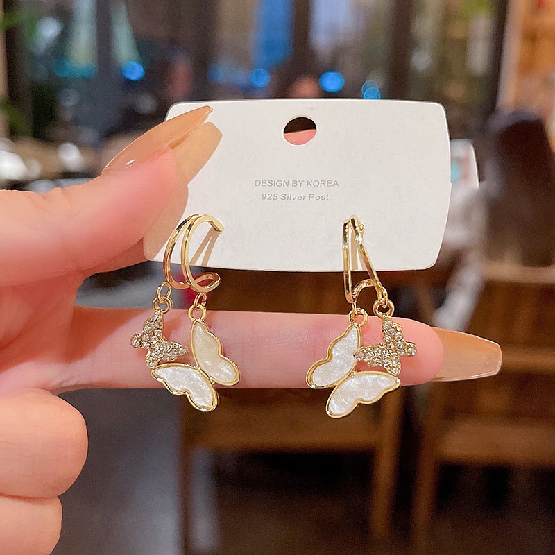 Anting Tusuk Desain Kupu-Kupu Geometri Full Berlian Bahan 925 silver