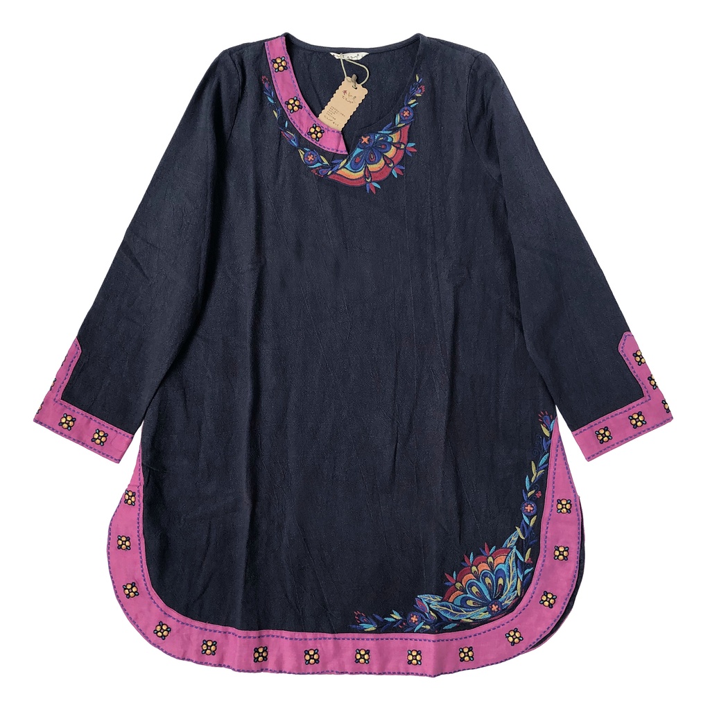 DRESS TUNIK LINEN PREMIUM BIRU TUA NAVY BORDIR BUNGA HEM PINK FUSCHIA KOREA IMPORT