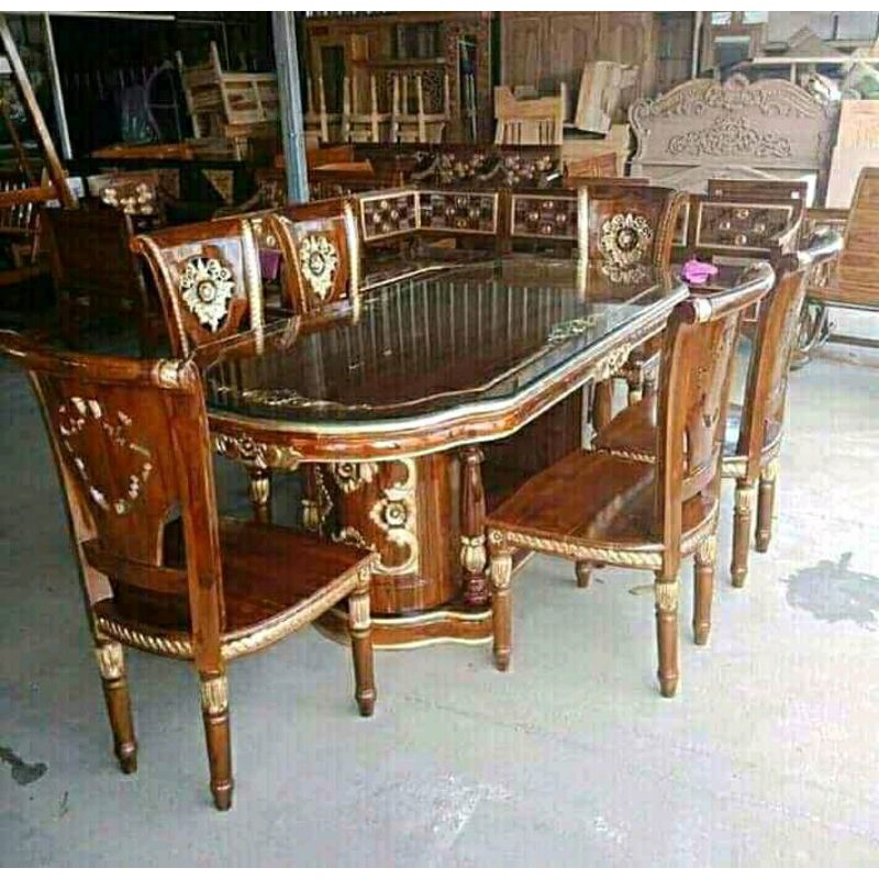 kursi meja makan salina ukir natural kombinasi emas modern klasik kayu jati furniture mebel jepara
