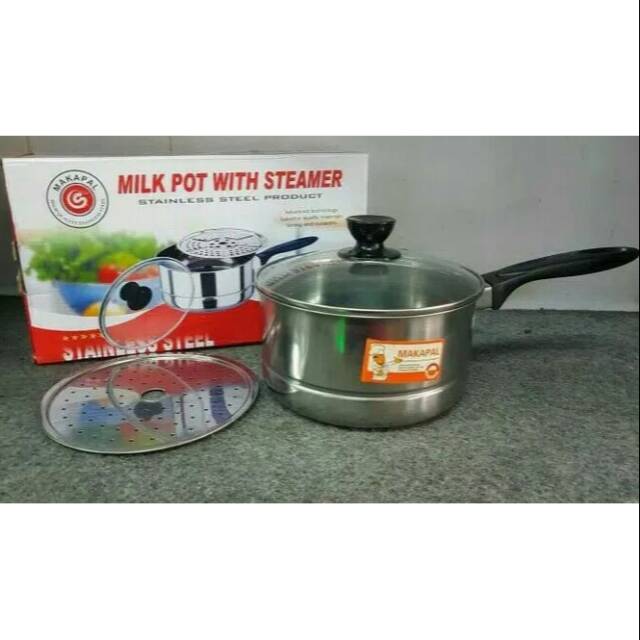 Panci Susu Kukus 18 / 20 Cm Milkpot Steamer Stainless Tutup Kaca Saucepan Makapal