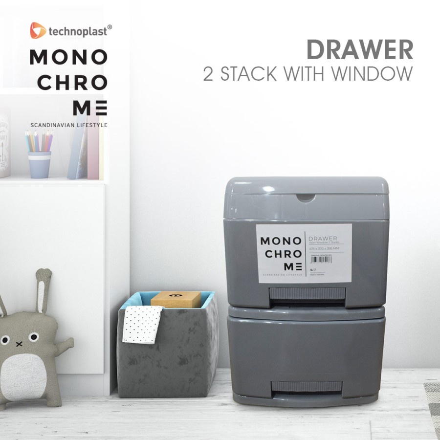 TECHNOPLAST Monochrome Drawer 2 Stack with Window /Laci Container 2ssn / Tempat Penyimpanan Serbagun
