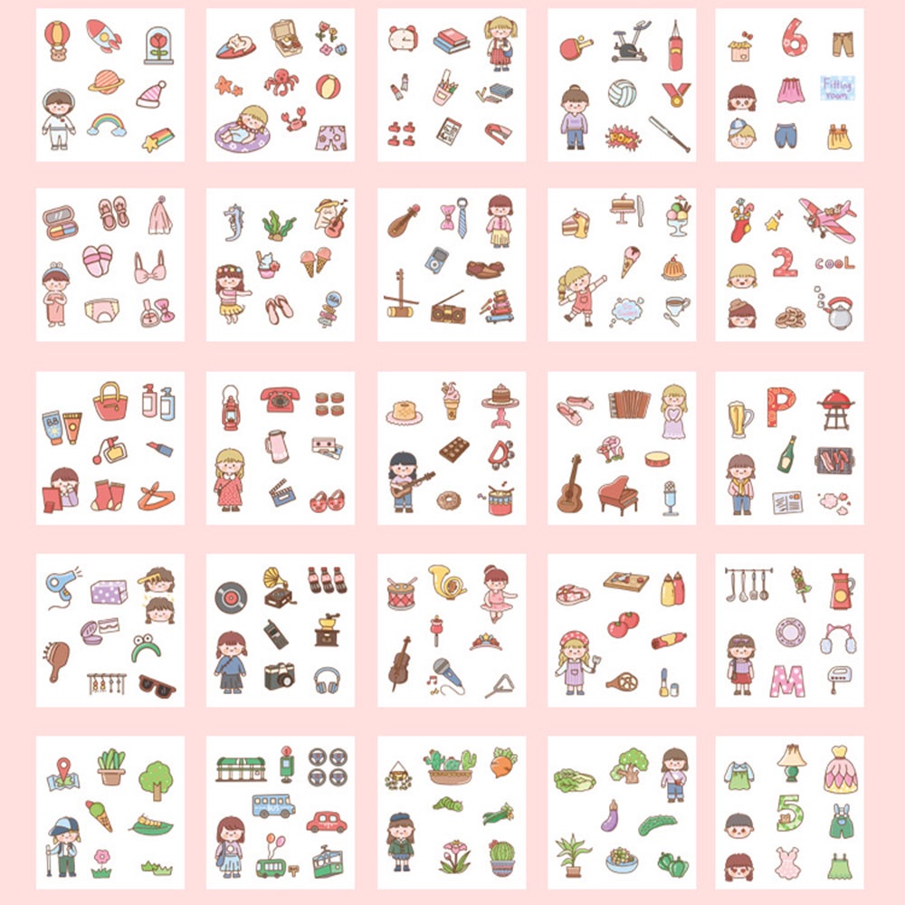 QUINTON 200 Sheets/Box Decorative Paper Stickers Happy Time Series Stationery Kawaii Sticker Set DIY Scrapbooking Cute Pink Cartoon Animals Waterproof Gift Box Diary Photos Albums Adhesive Decals