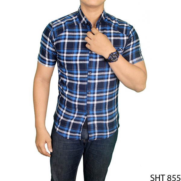 Kemeja Flanel Pria Lengan Pendek Flanel Biru – SHT 855