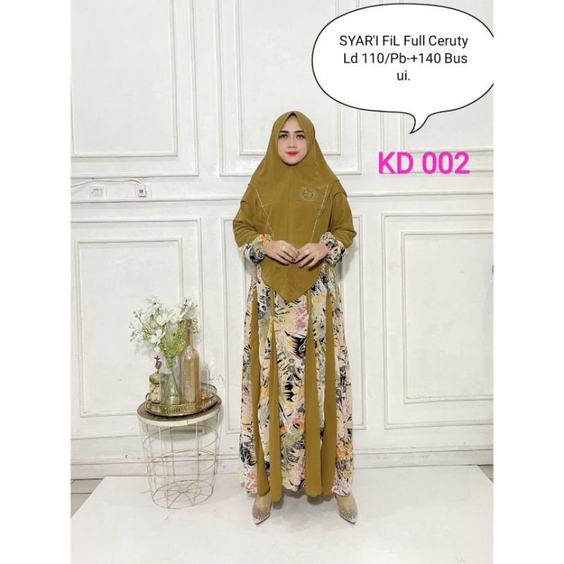 Gamis Syar'i Fil Full Ceruty BABYDOLL  Motif Abstrak Swarovski Busui Cantik Set jilbab 2 Layer Pet A