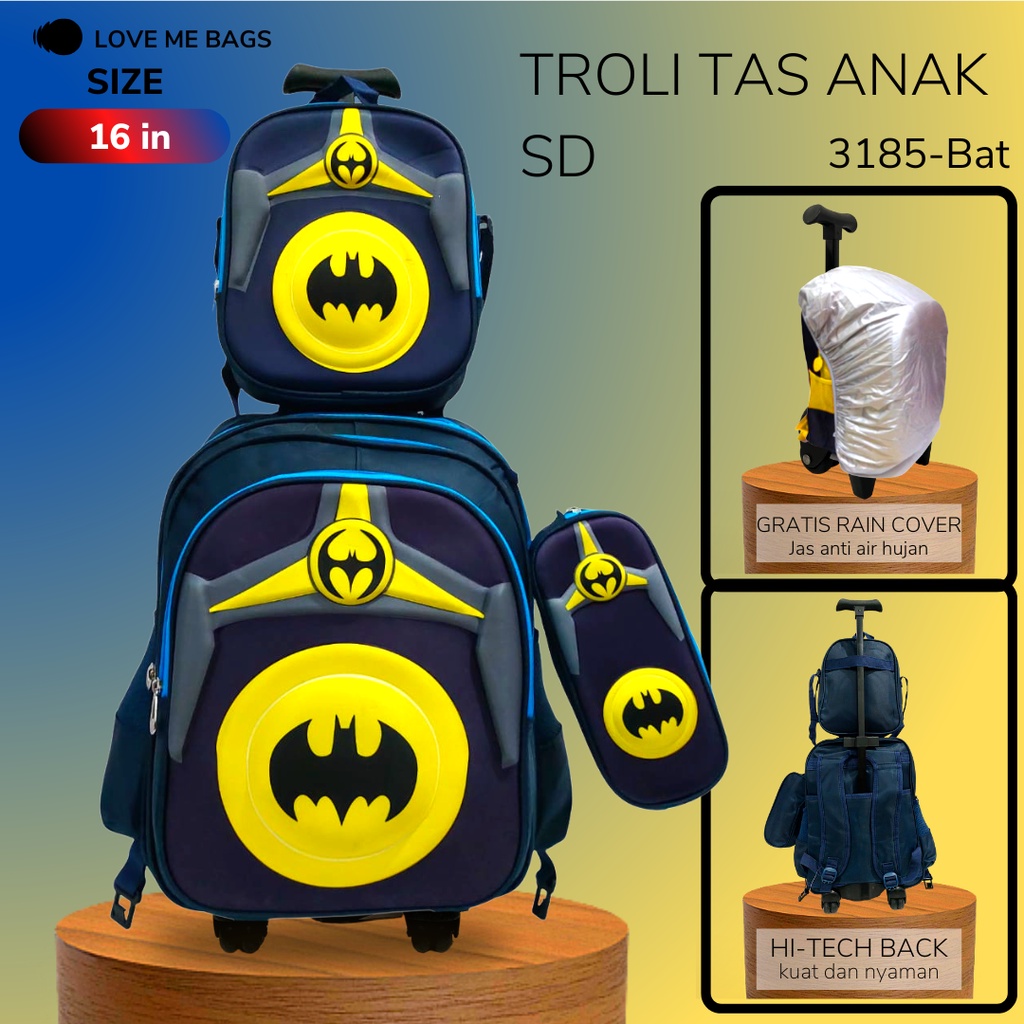 LMB Tas Troli Anak Sekolah Laki Laki SD Import 3in1 Bahan Nilon Premium Bagian Depan Timbul 6D Karakter Superhero Tebal Ukuran Besar