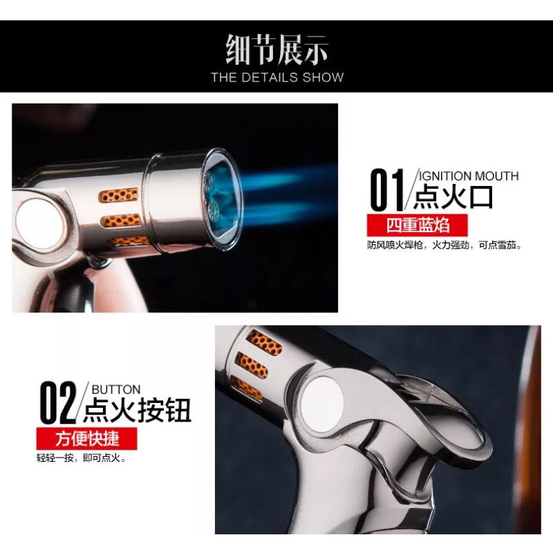 JOBON 4 Jet Flame Turbo Lighter Blue Fire Spray Gun Powerful/Korek Api Biru Gas Isi Ulang Keren