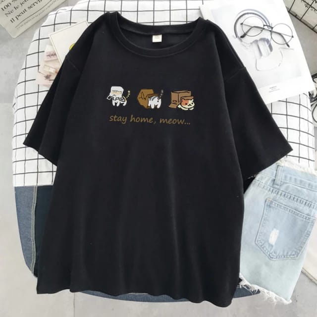 MYSTIQUE.ID-BAJU KAOS STAY HOME, MEOW...T-SHIRT LUCU DAN AESTHETIC