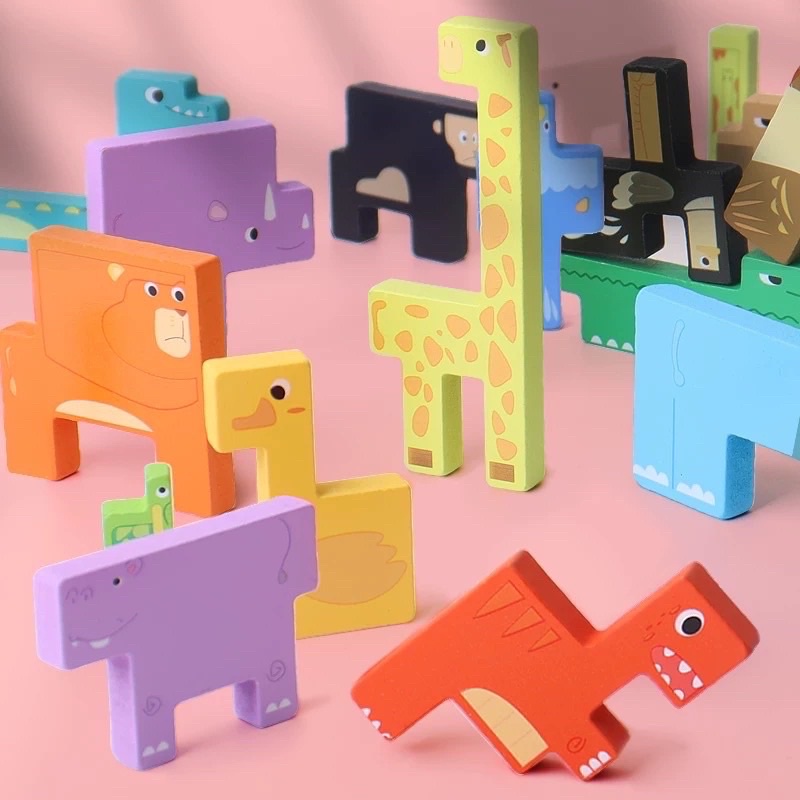 wooden tetris animal puzzle mainan tumpuk domino mainan edukasi