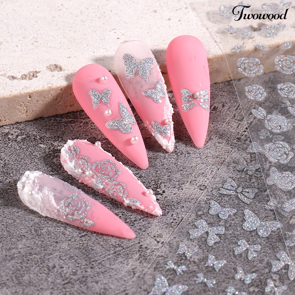 Twowood 5pcs / Set Stiker Kuku 3D Motif Starburst / Love / Beruang Aksen Glitter Untuk Nail Art / Manicure DIY