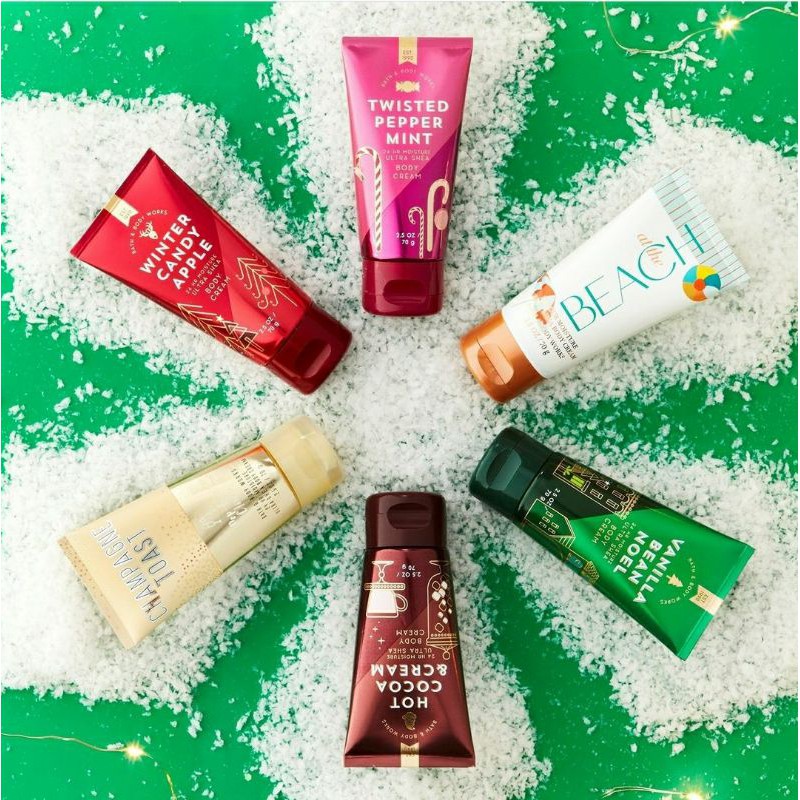 BATH AND BODY WORKS BBW 24 HOUR MOISTURE SHEA &amp; VITAMIN E BODY LOTION 88 ML BODY CREAM 70 G WARM VANILLA SUGAR WHITE PUMPKIN &amp; CHAI WHIPPED BERRY MERINGUE BUBBLY ROSE WINTER CANDY APPLE ABOUT YOU DARK KISS TWISTED PEPPERMINT MIX