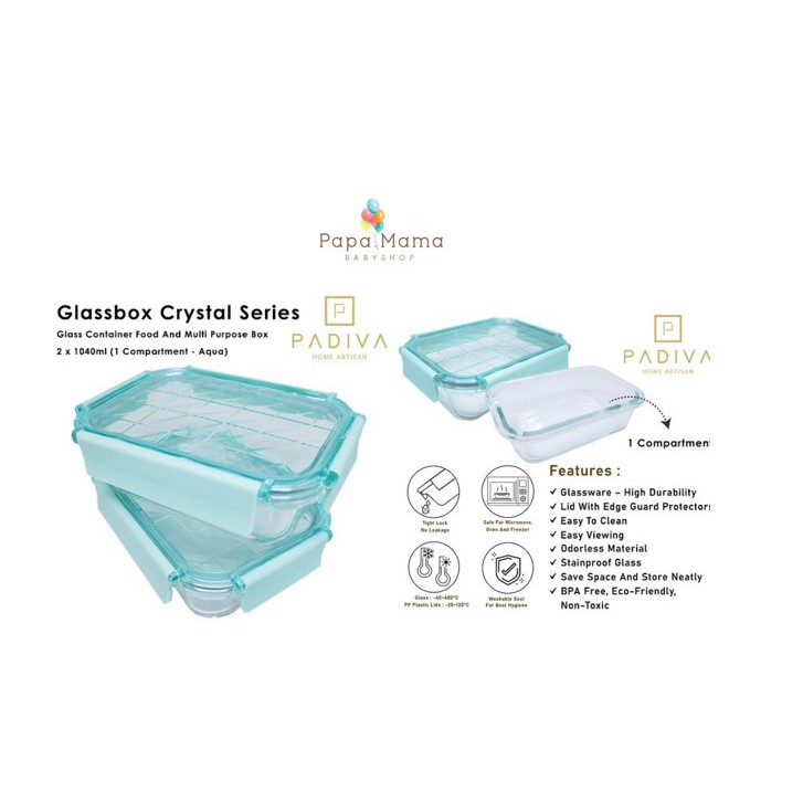 Padiva 1040ml Aqua (2pcs) Crystal Glassbox 1 compartment (GBC1040SA)