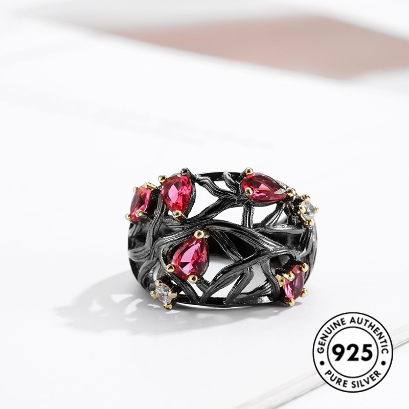 Cincin Silver S925 Bentuk Tetesan Air Aksen Ruby Warna Hitam