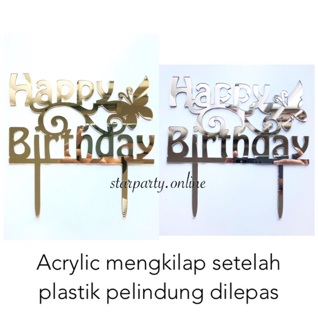 Topper Acryliic HBD Jumbo Besar Kupu Silver/Emas /Cake Topper /Hiasan Kue /HIasan Tusuk Kue