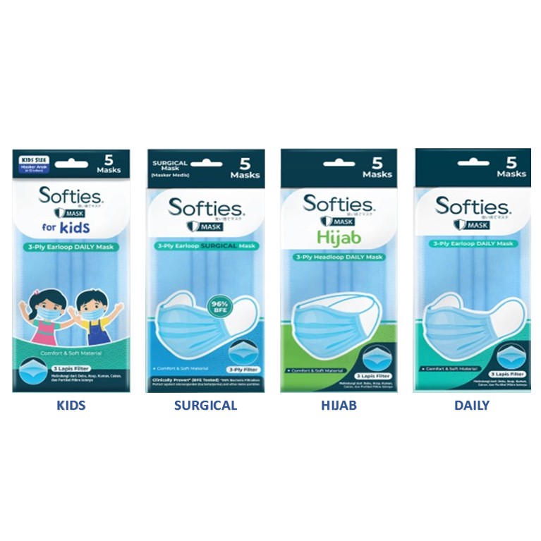 Softies Mask Earloop 3 Ply Daily / Surgical / Kids / Hijab Masker isi 5 pcs