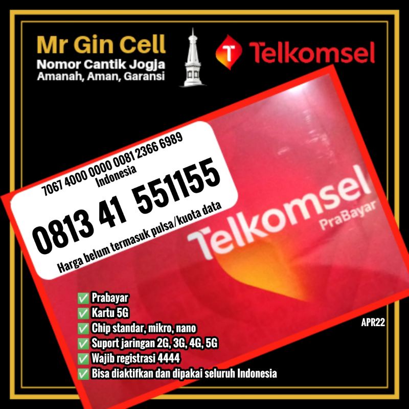 Kartu perdana nomor cantik Telkomsel simpati 4G 5G rapi AABBAA 552255 dan 551155