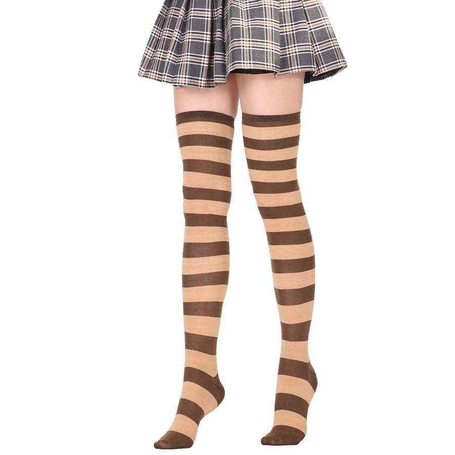 Kaos Kaki Wanita Over Knee Socks Kaos Kaki Sepaha Motif Belang-Belang Kaos Kaki Panjang-Brown X Khaki