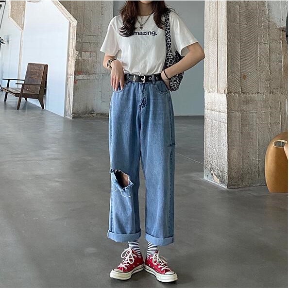 New korea biru murah celana jeans high waist wanita sobek