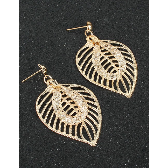 LRC Anting Tusuk Fashion Golden Leaf Hollow Alloy Mesh Crystal Earrings K44450