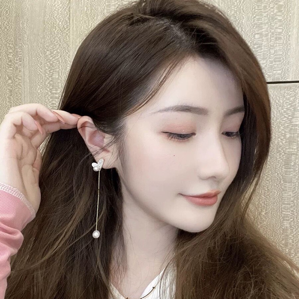 【COD Tangding】 Anting Tusuk Gantung Bentuk Hati Aksen Rumbai Mutiara Imitasi Untuk Wanita