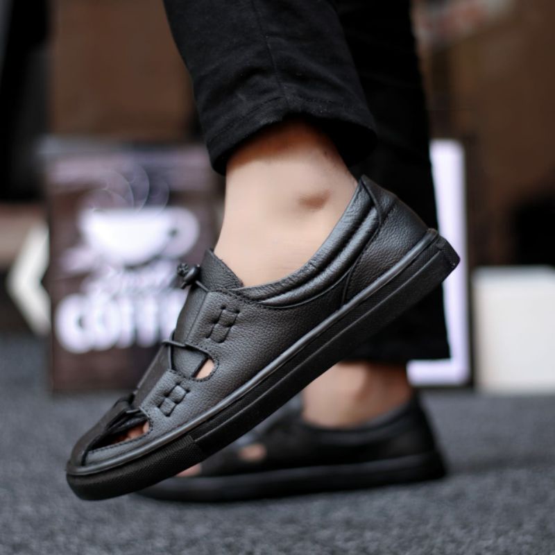 SENSEI Sepatu Sandal Pria Casual Kulit Asli Sandal Slip On Sendal Bustong Santai Murah