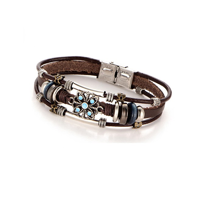 LRC Gelang Tangan Fashion Silver Faux Leather Bracelet Floral Inlay Turquoise Bracelet D09734