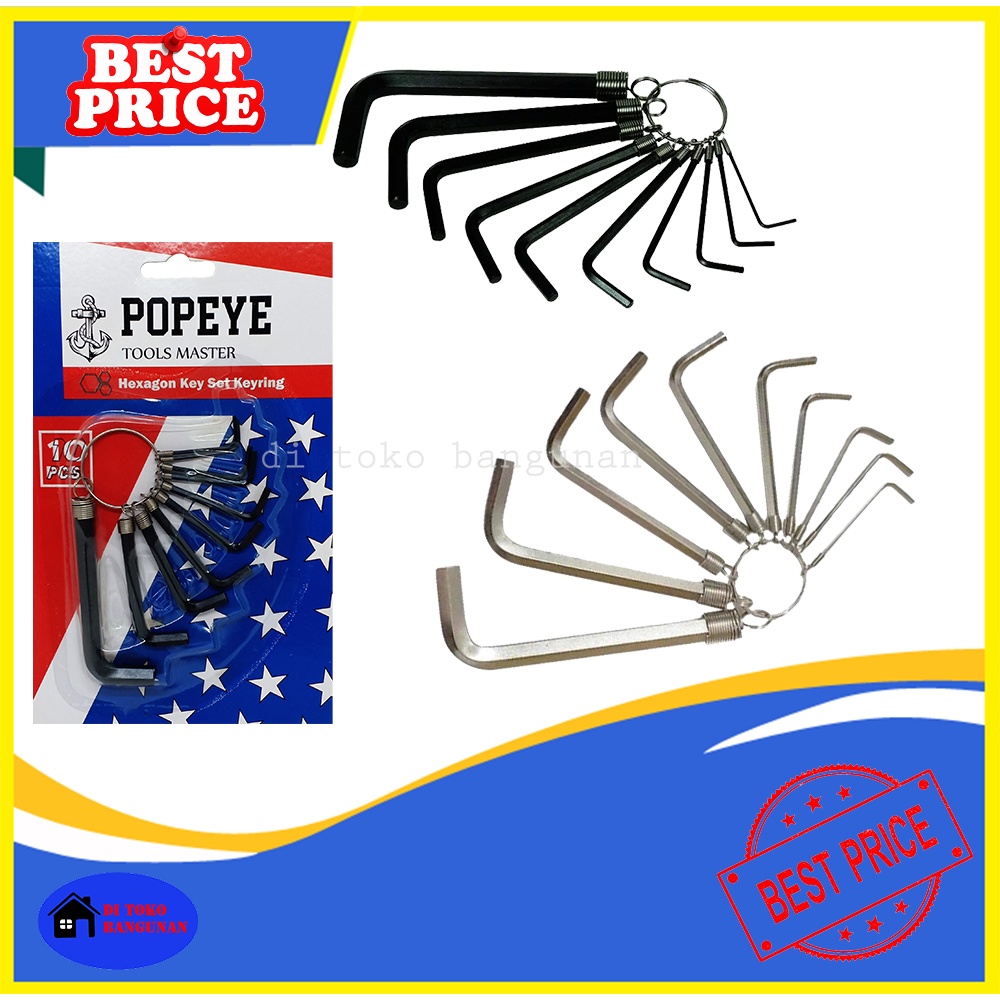 Kunci L Set 10 Pcs Popeye Varian Warna Hitam Silver Hex Key Pendek